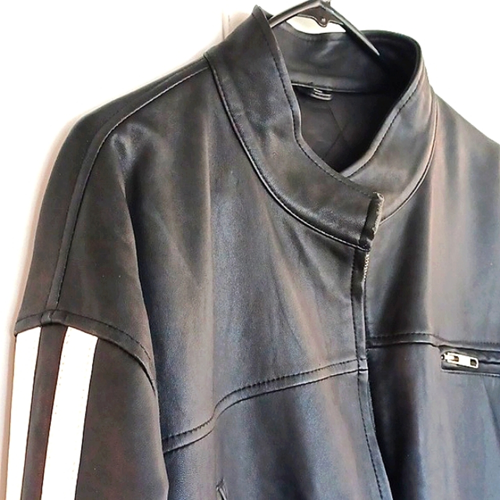 Mens Custom leather motorcycle jacket XL. Black w/ double cream white stripes.